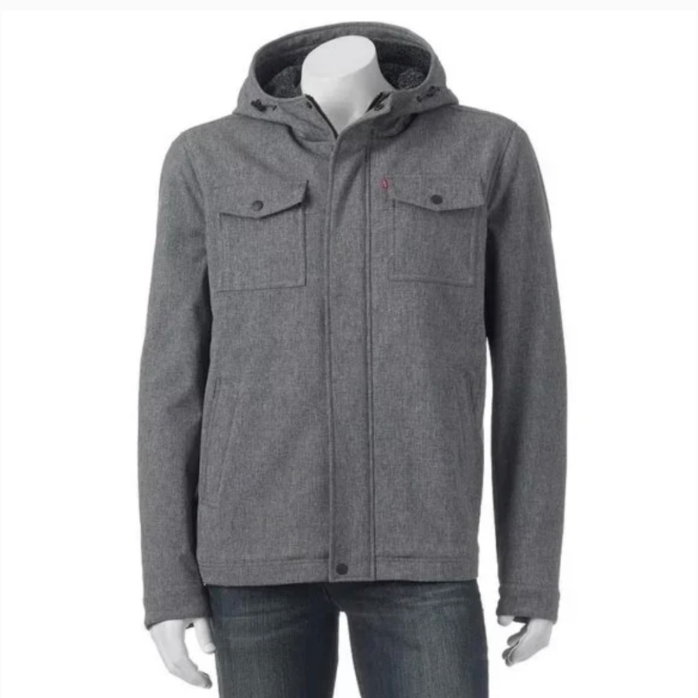Men's Levi's Large Gray Softshell Sherpa-Lined Hooded Trucker Jacket Coat
